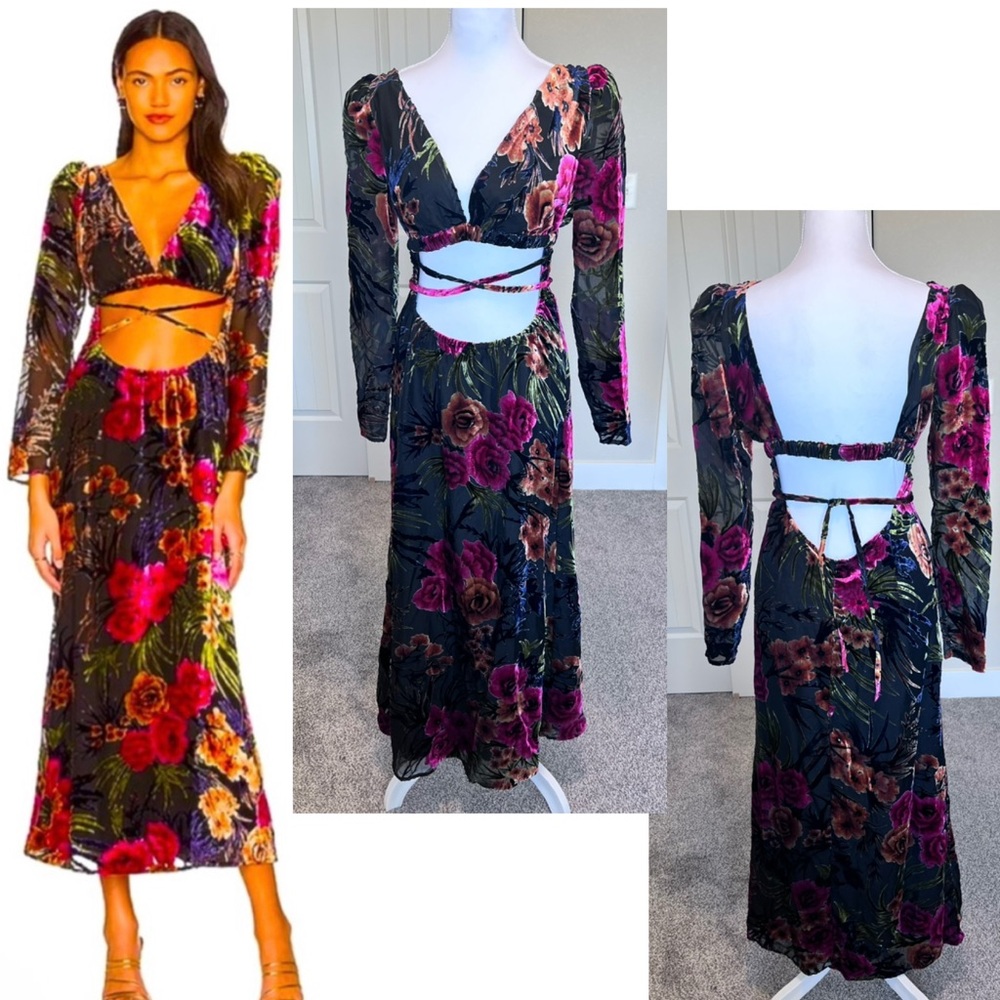 Flocked Velvet Floral cut out maxi dress tie back / front Sz Small NWT